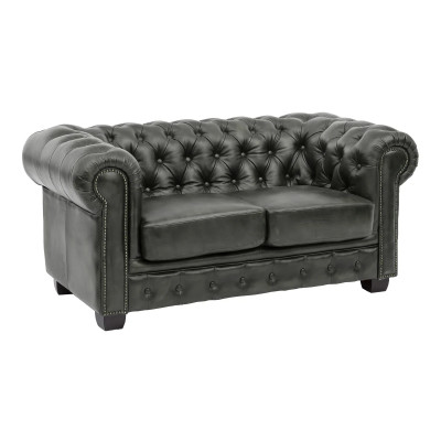 Dvoumístná pohovka Chesterfield z pravé kůže v zelené barvě