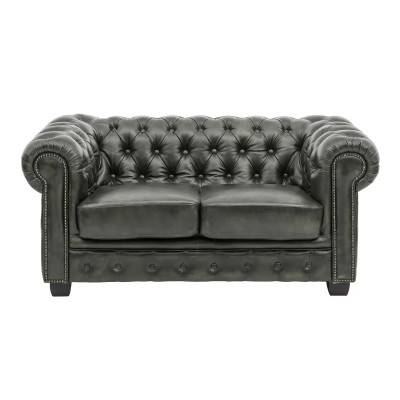Dvoumístná pohovka Chesterfield z pravé kůže v zelené barvě
