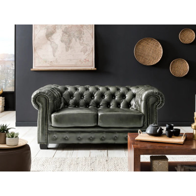 Dvoumístná pohovka Chesterfield z pravé kůže v zelené barvě