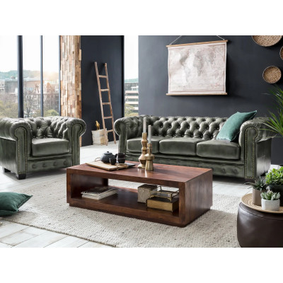 Dvoumístná pohovka Chesterfield z pravé kůže v zelené barvě