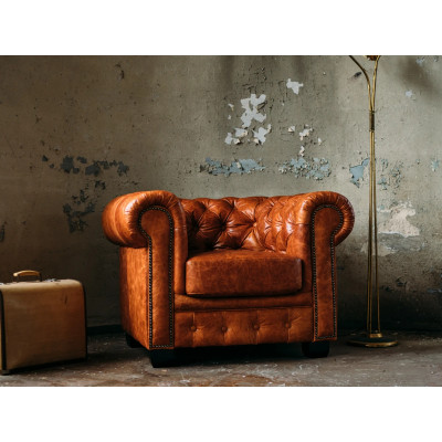 Křeslo Chesterfield z pravé kůže, vintage cracker