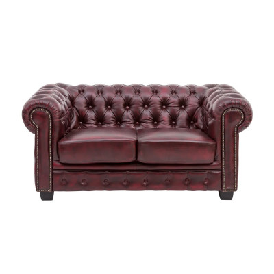 Dvoumístná pohovka Chesterfield z červené pravé kůže