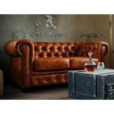 Dvoumístná pohovka Chesterfield z pravé kůže, vintage cracker