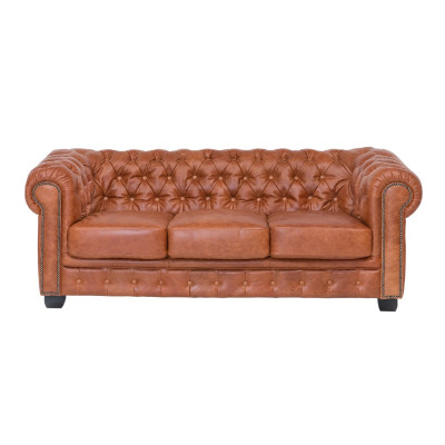 Třímístná pohovka Chesterfield z pravé kůže, vintage cracker