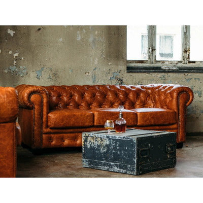 Třímístná pohovka Chesterfield z pravé kůže, vintage cracker
