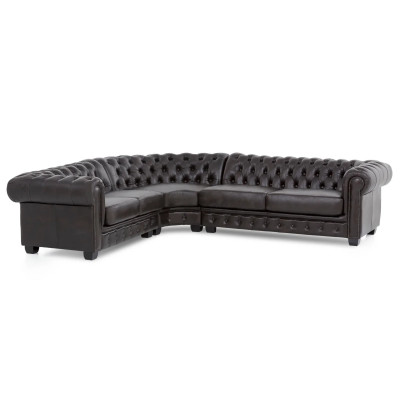 Rohová pohovka Chesterfield z pravé kůže, hnědá